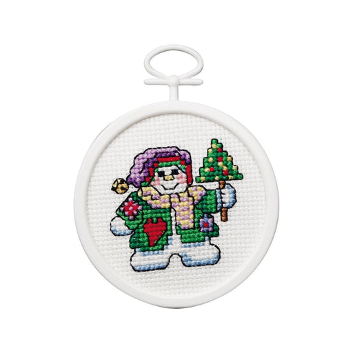 Snowman Cross Stitch | Snowman Craft | Mini Counted Cross Stitch Kit - Patchwork Snowman - Round - Finished Size 2.25in. x 2.5in. (nm114333)