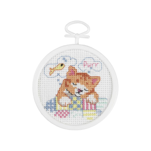 Mini Cross Stitch Kit - Dreaming Kitty - 18 Count Mesh - 2.5in. Round - 1 Kit (nm211040)