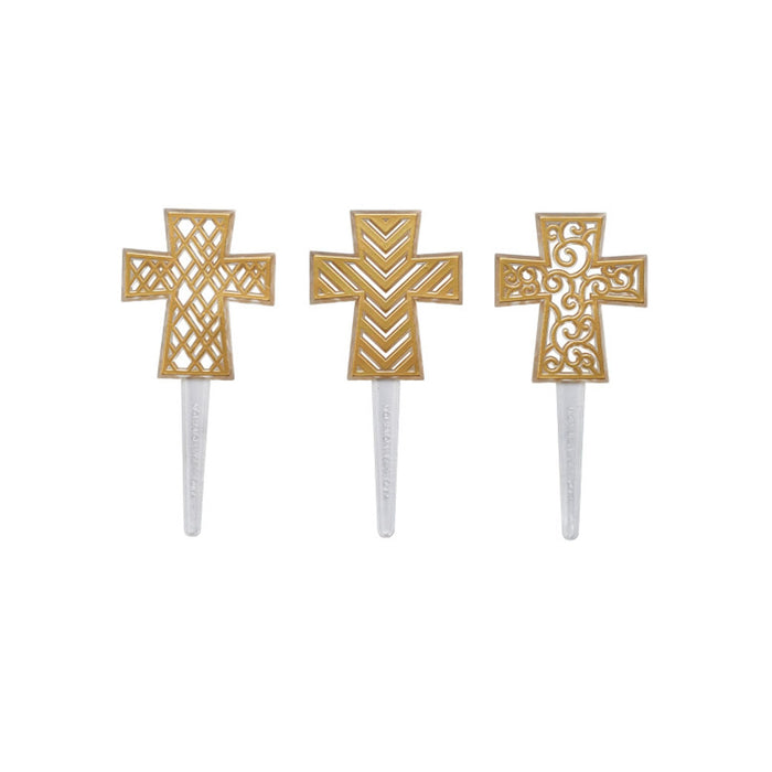 Cross Cake Decor | Cross Cupcake Picks - Gold - 24 Pieces/Pkg. - 8 of Each of 3 Designs (dp21707)