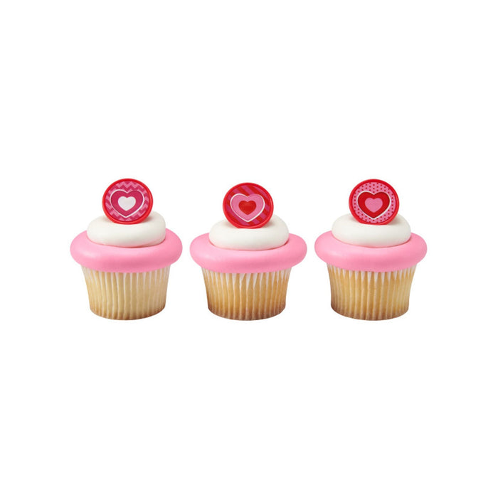 Red Heart Cupcake Tops | Heart Shaped Cupcake Rings - Charming Hearts - 18 Pieces/Pkg. (6 of each of 3 designs) (dp23651)