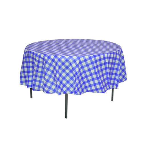 Blue Gingham Decorations | Blue Gingham Table Cover | Round Plastic Table Cover – Dark Blue Gingham - 84in. - 1 Piece (fdp93132)