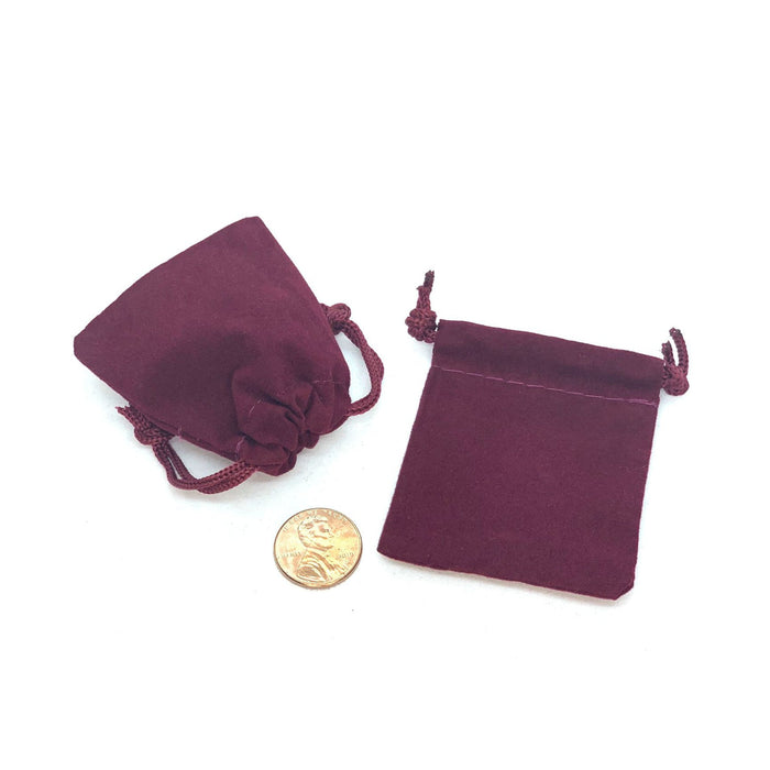 Velour Bags with 2 Satin Ribbon Pull Cords - Burgundy - 2in. x 2in. x 1/2in. - Pack of 25 Bags (givb0101burgundy)
