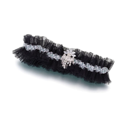 Black Wedding Garter | Black Prom Garter | Glamorous Black Rhinestone Tulle Garter - One Size Fits Most - 1 Piece (lrlg955bk)