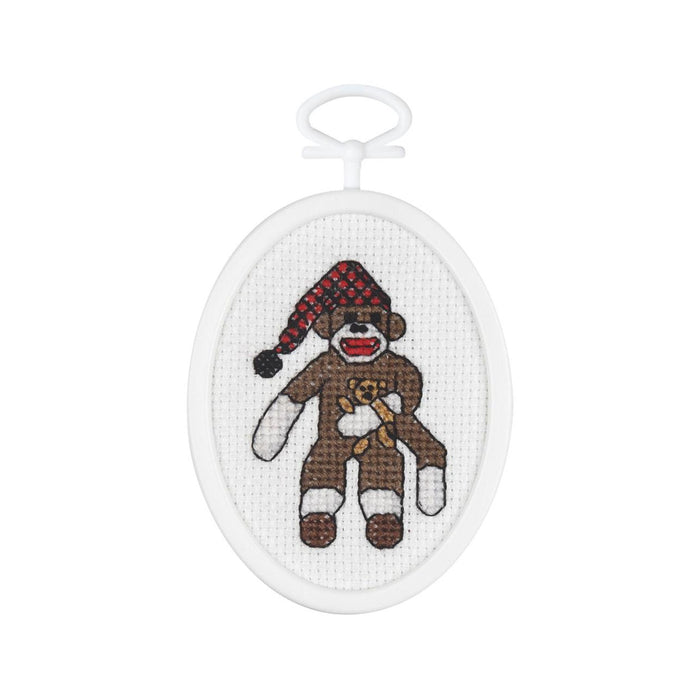 Sock Monkey Craft Kit, Mini Counted Cross Stitch Kit - Peejay the Sock Monkey - 2.75in. Oval (nm211316)