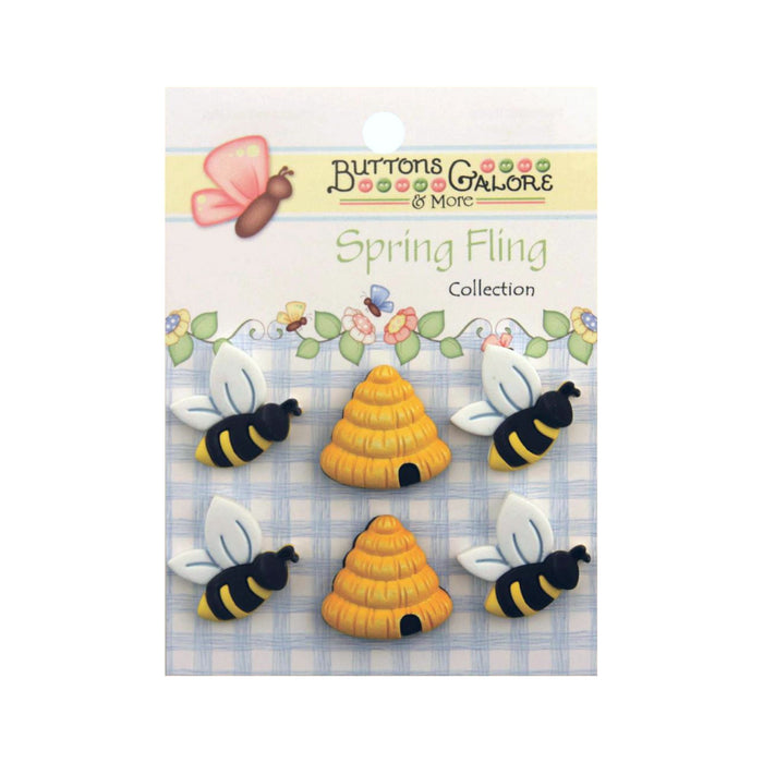 Bee Buttons, Spring Buttons - Shank Style - Busy Bees - 6 Pieces/Pkg. (nmsf100)