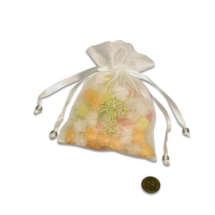 Baptism Favor Bag | Communion Favor Bag | White Gold Cross Embroidered Organza Bags - 3 1/4in. x 4 3/4in. - 12 Pieces/Pkg. (pm0908401)