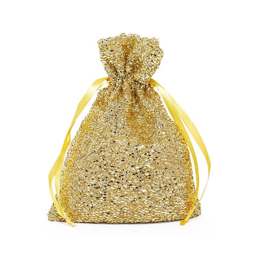 Gold Pouches | Gold Drawstring Bags | Gold Metallic Glam Fabric Bags - 3in. X 4in. - 12 Pieces/Pkg. (pm0914159)