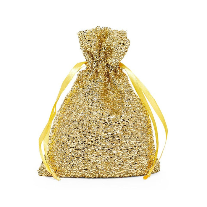 Gold Pouches | Gold Drawstring Bags | Gold Metallic Glam Fabric Bags - 4in. X 6in. - 12 Pieces/Pkg. (pm0914259)