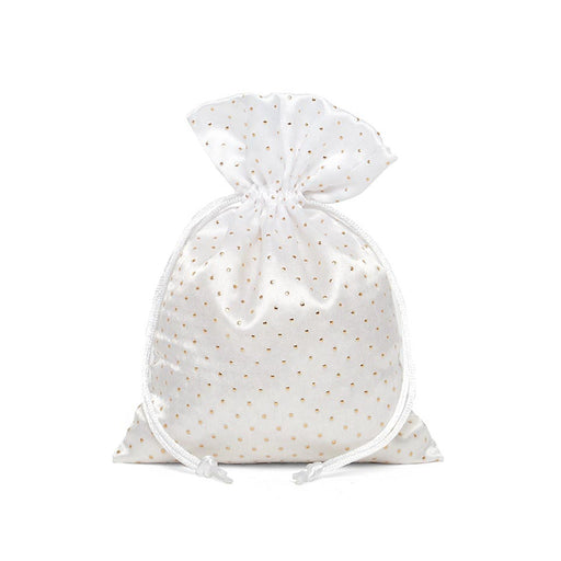 White Gold Gift Bags | White Gold Dot Bags | White Satin Gold Pearl Bags - 5in. x 7in. - 12 Pieces/Pkg. (pm09221310)