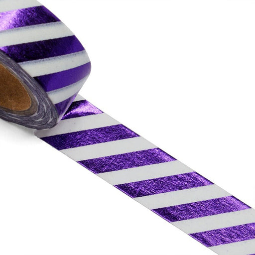 Purple Stripe Tape, Purple Stripe Embellishment, Purple and White Metallic Diagonal Stripe Washi Tape - 9/16in. x 10 Yards (pm34420209)