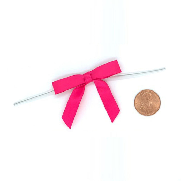 Hot Pink Satin Bows | Premade Hot Pink Bows | Pre-Tied Satin Bows With Wire Ties - Hot Pink - 3/8in. x 2in. - 12 Pieces (pm4824733)