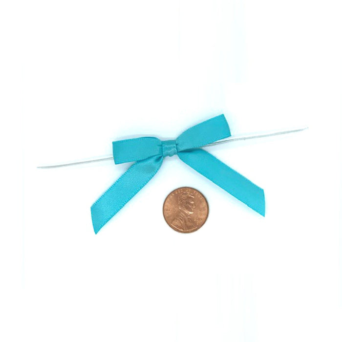 Turquoise Satin Bows | Premade Blue Bows | Pre-Tied Satin Bows With Wire Ties - Turquoise - 3/8in. x 2in. - 12 Pieces (pm4824775)