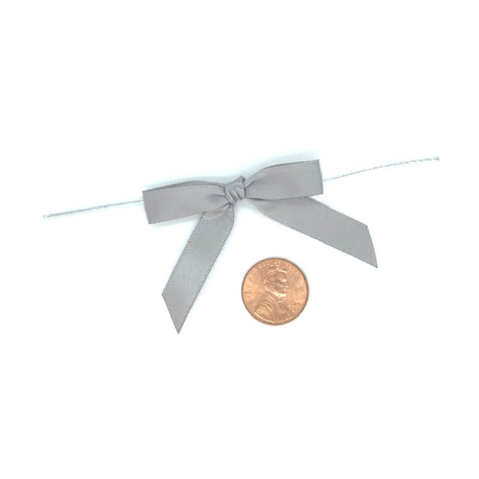 Silver Satin Bows | Premade Silver Bows | Pre-Tied Satin Bows With Wire Ties - Silver - 3/8in. x 2in. - 12 Pieces (pm4824799)
