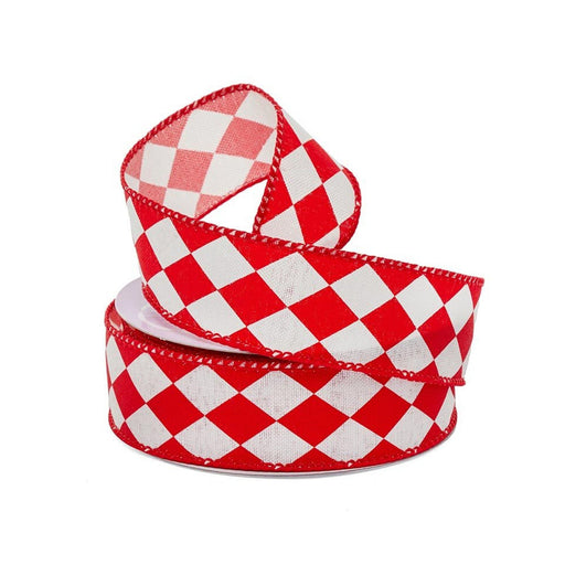 Red Harlequin Ribbon | Diamond Ribbon | Red White Harlequin Fabric Wired Ribbon - 1 1/2in. x 10 Yards (pm56111203)