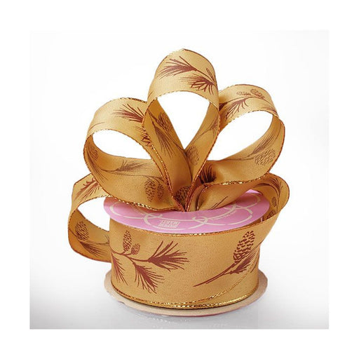 Pine Cone Ribbon | Pine Branch Ribbon | Pine Branch Wired Satin Ribbon - Light Gold - 1 1/2in. x 10 Yards (pm56142758)