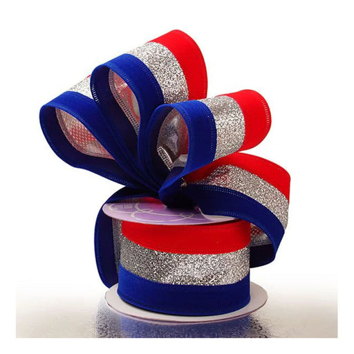 Wired Patriotic Ribbon | July 4 Ribbon | Royal Silver Red Wired Ribbon - 2 1/2in. x 10 Yards (pm56162814)