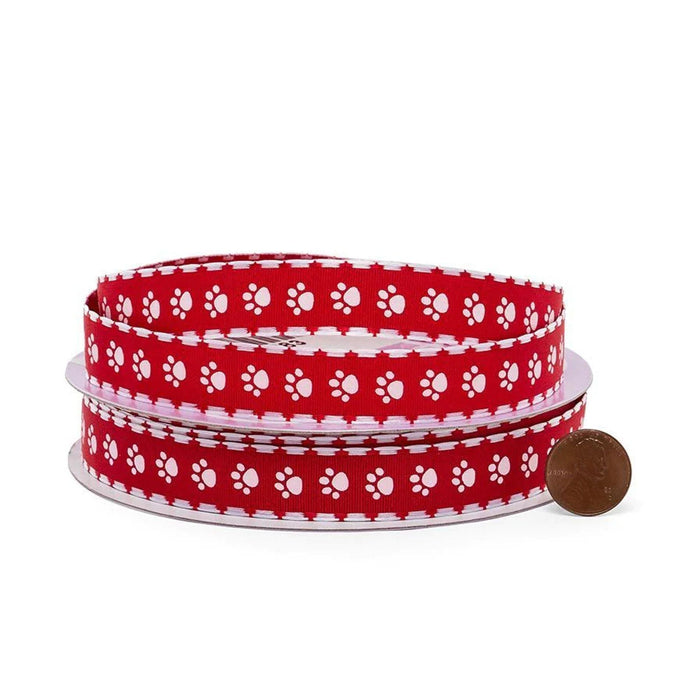 Animal Paw Ribbon | Dog Paw Ribbon | Red and White Paw Print Grosgrain Ribbon - 5/8in. x 25 Yds (pm56154903)