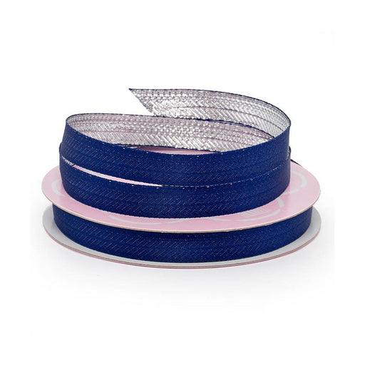 Blue Silver Ribbon | Blue Silver Gift Bows | Navy Silver Narrow Bi-Color Metallic Back Ribbo - Double Faced - 5/8in. x 25 Yards (pm56171805)