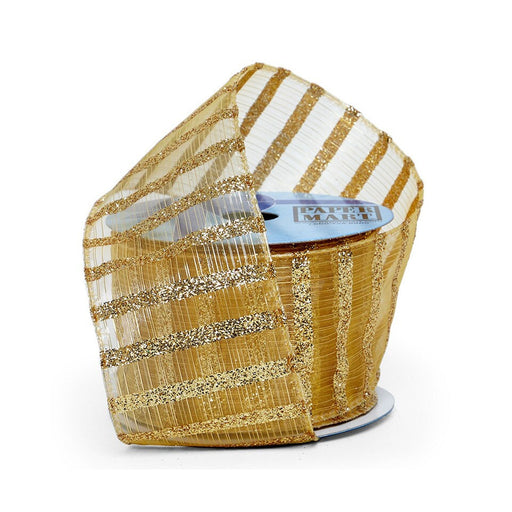 Gold Stripe Ribbon | Gold Striped Bows | Gold Glitter Bar Sheer Wired Ribbon - 2 1/2in. x 10 Yards (pm56179002)