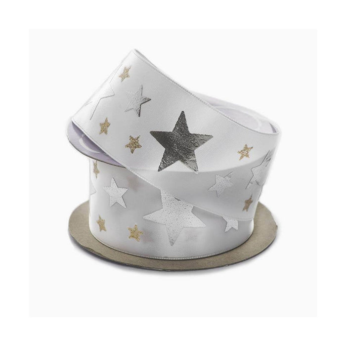 Wide Star Ribbon | Silver Star Ribbon | White Silver Stars Satin Ribbon - 1 1/2in. x 10 Yards (pm56401501)