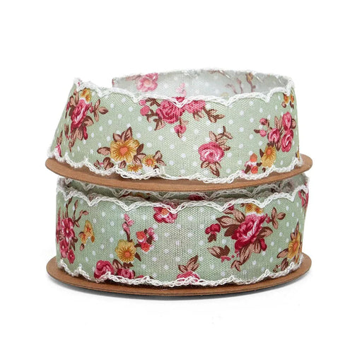 Shabby Chic Ribbon | Cottage Style Ribbon | Jena Vintage Floral Ribbon - Green and Pink - 1in. x 10 Yards (pm5829571)