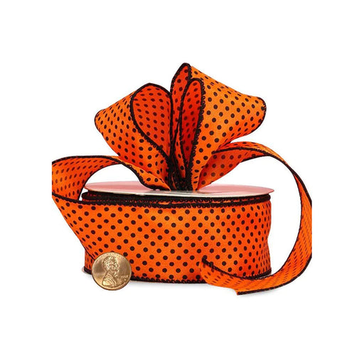 Orange Black Ribbon | Halloween Ribbon | Black Polka Dot On Orange Fabric Ribbon - 1 1/2in. x 10 Yds (pm5850204)