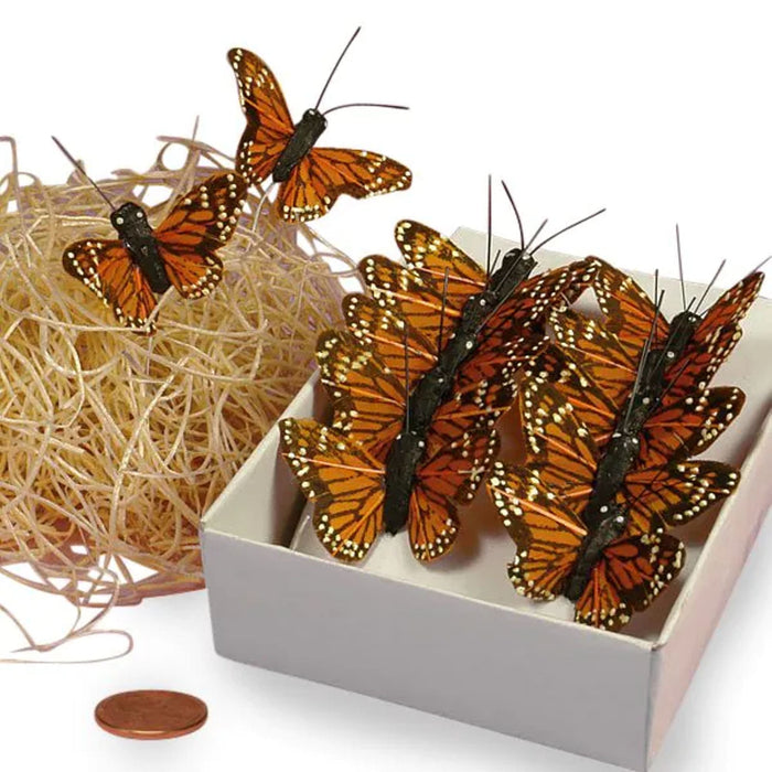 Orange Butterflies | Fake Monarch Butterflies | Feathery Orange Monarch Butterfly Ties - 1 1/2in. x 1in. - 12 Pieces/Pkg. (pm6091198)
