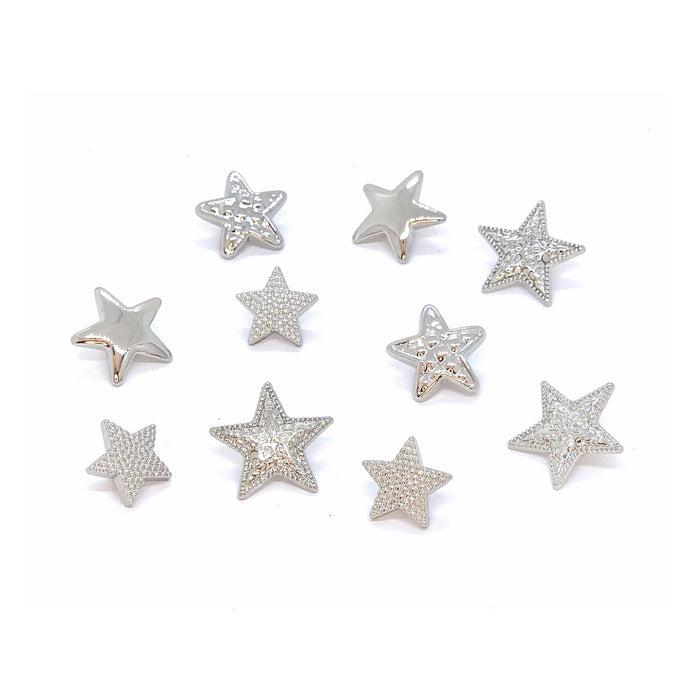 Star Embellishments, Silver Star Buttons - Assorted Sizes and Textures - Shank Back - 10 Pieces/Pkg. (nmbtp4110)